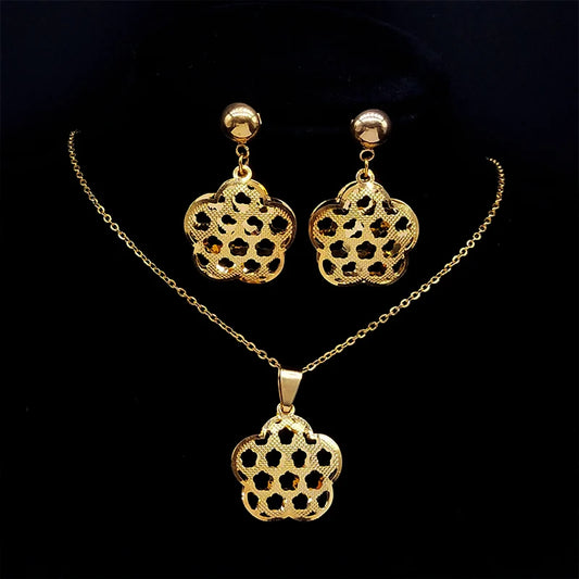 Flower of Life Stainless Steel Jewelry Set Women Hollow Gold Color Necklace Earrings Set Jewelry