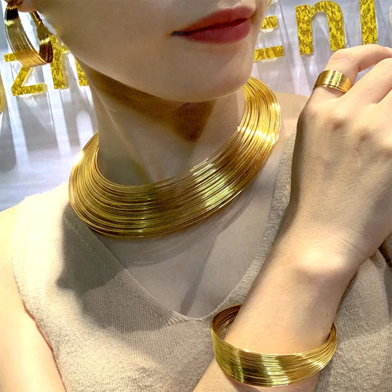 Gold Color Hollow Earrings Necklace Bead Set Fashion Women Dubai Africa Luxury Punk Jewelry Set Choker Wholesale Round Bangle