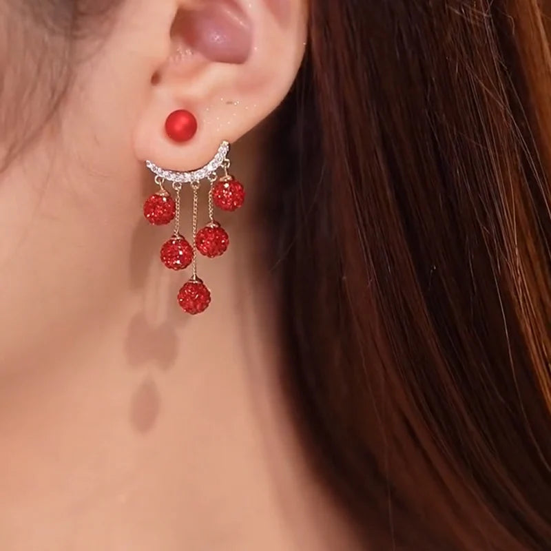 Rhinestone Ball Tassel Earrings Silver Needle Fashion Red Long Earrings For Women