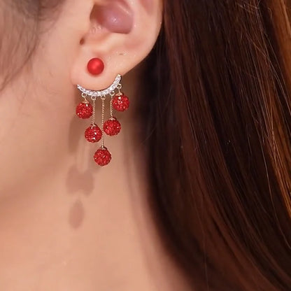 Rhinestone Ball Tassel Earrings Silver Needle Fashion Red Long Earrings For Women