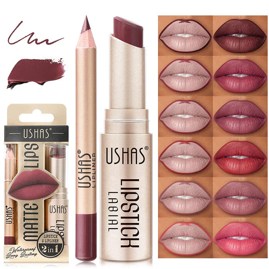 LIPSTICH 2 In 1 Matte Lipstick&lip Liner Set  Lip Pencil High Pigmented Waterproof Long Lasting Lip Stick Lips Makeup