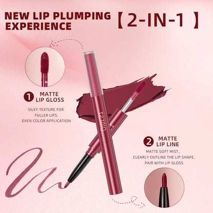 QIBEST 2 In 1 Matte Lip liner Lip gloss Waterproof Long Lasting Liquid Lipstick Non-stick Cup Lip Glaze Makeup Lip gloss Cosmetics