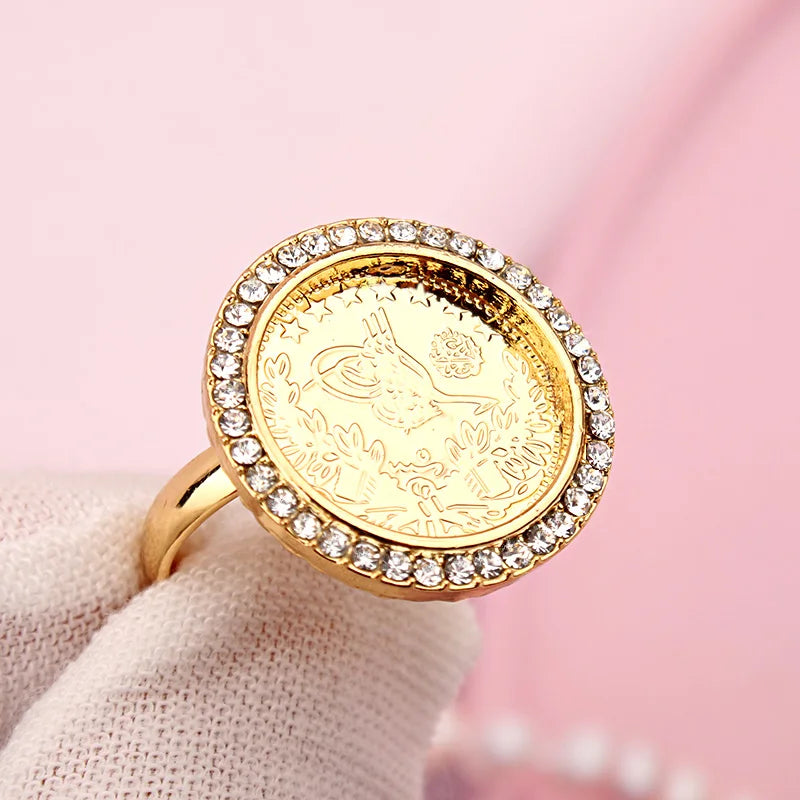 Brass Gold Plated Turkish Coin Rings Adjstable Size Middle East Bague Femme Luxury Bridal Jewelry Wedding Ring Royal Gifts