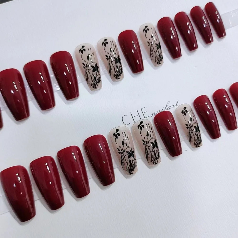 24pcs New Year Fake Nails Long Ballet Nails French Vintage Style Wine Red False Nail Press on Nails Waterproof Faux Fingernails