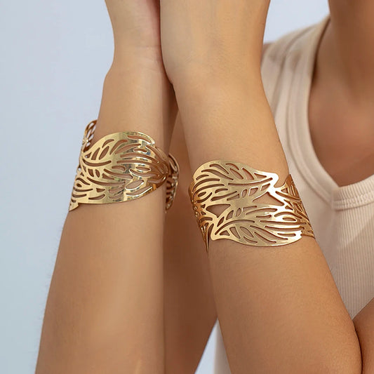 Lacteo Trendy Hollow Wide Cuff Bracelet Leaf Flower Shape Opening Gold Color Big Bangle for Women Jewelry Fashion Punk Ladies