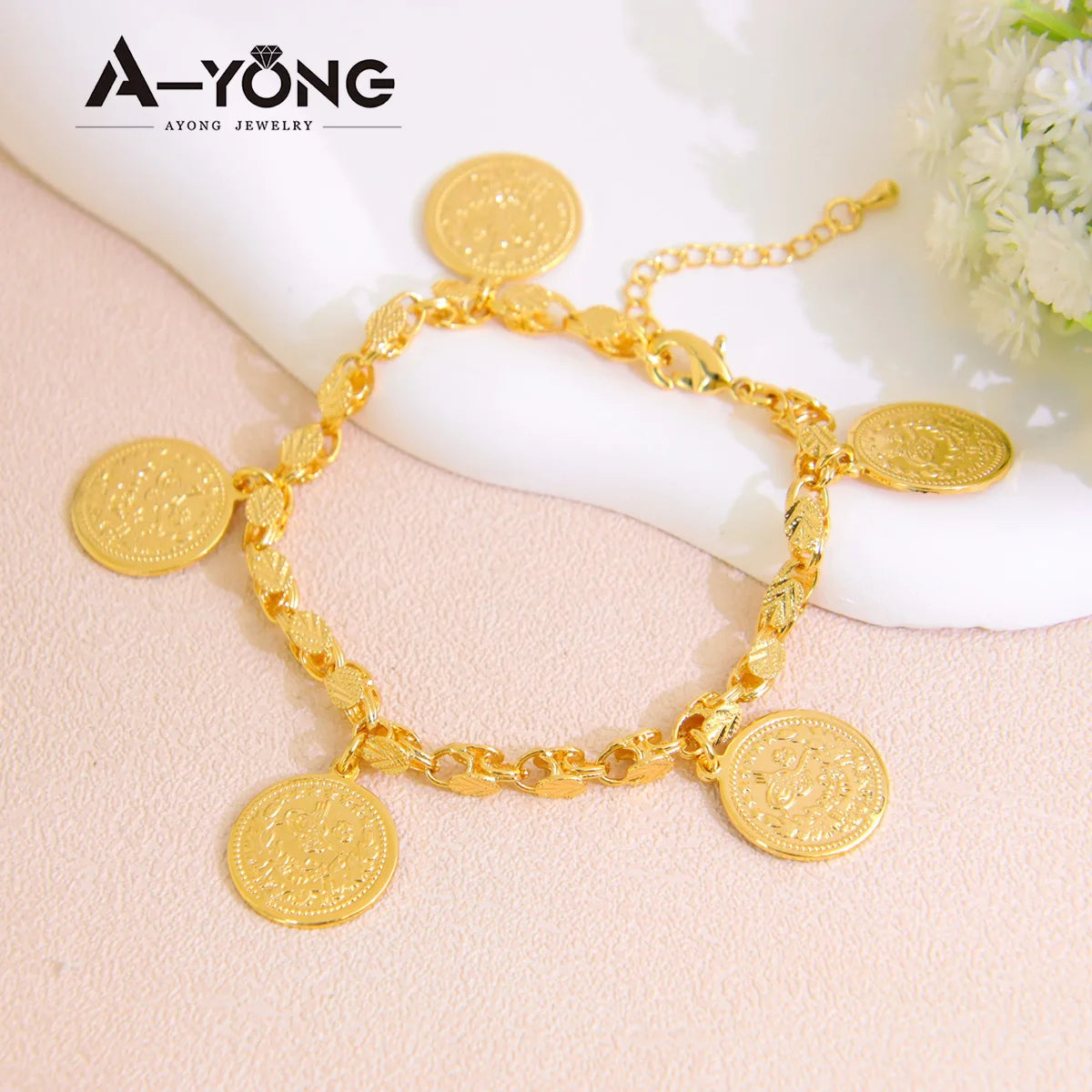 Arab Vintage Bracelet 21k Gold Plated Turkish Totem Coin Round Bangles Hollow Out Women Luxury Wedding Party Daily Jewelry