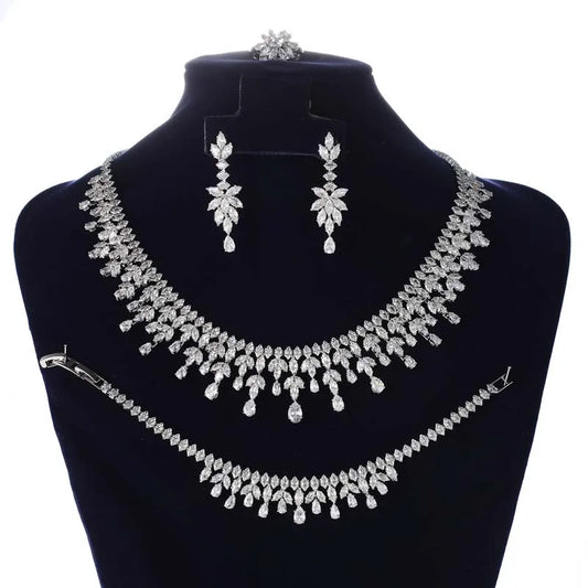 Jewelry Set HADIYANA Cubic Zircon Women Water-drop Jewelry Set  Necklace Bracelet Earrings And Ring Birthday Gift