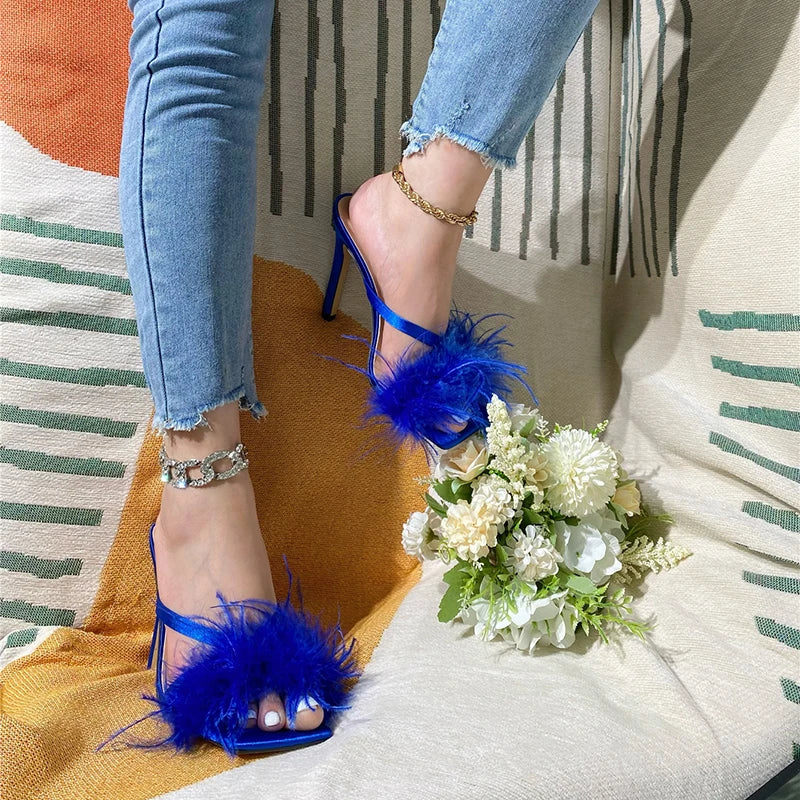 Kcenid Summer Women Thin High Heels Slippers Fashoin Feather Square Toe Mules Sexy Slides Women  Slippers Wedding Party Shoes