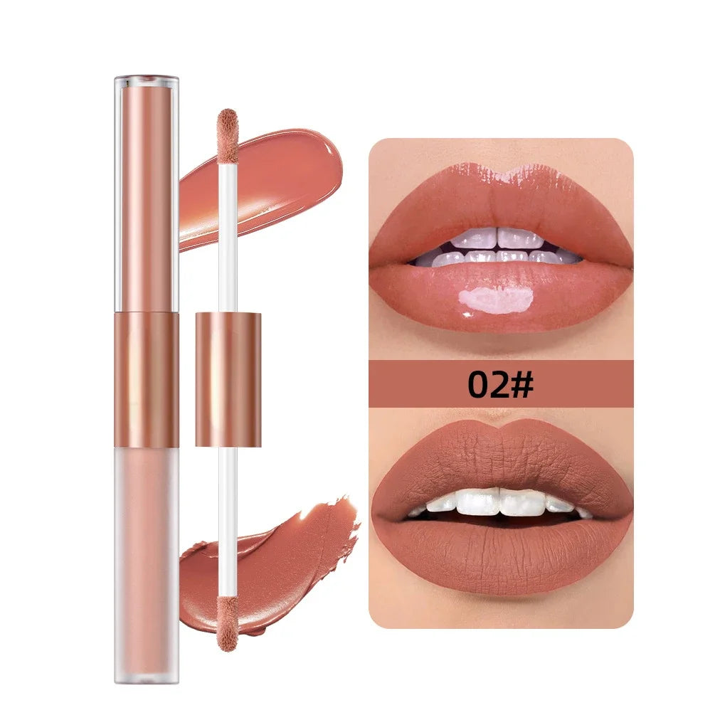 Matte Lipstick Double Head Lip Coat 24H Non-stick Cup Lip Gloss Tint Plumper Long Lasting Waterproof Lipstick Makeup