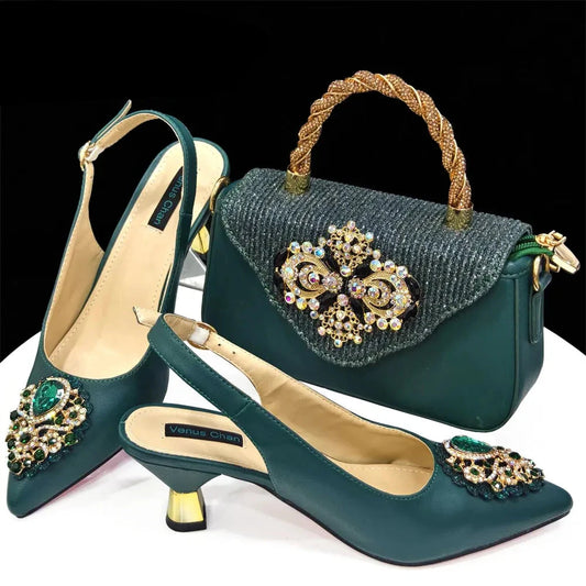 Venus Chan Italian Shoes and Bags Matching Set Elegance Party Rhinestone Pointed Toe Women's Shoes High Heel