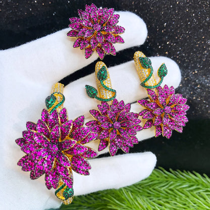 GODKI Luxury Lotus Flower 3PCS Bracelet Ring Earring Set For Women Wedding Bridal Zircon African/Indian/Dubai Bridal Jewelry Set