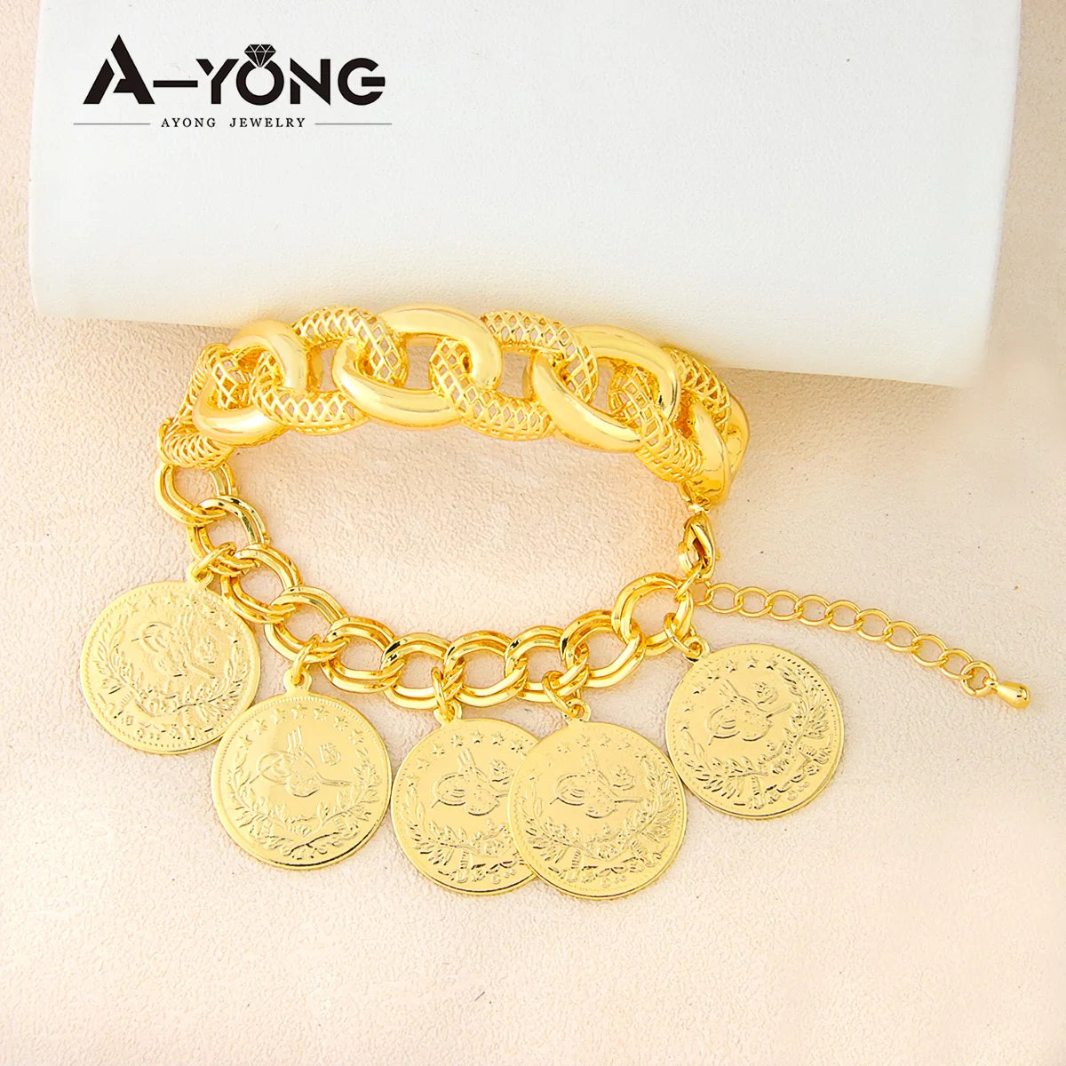 Punk Coins Bracelet 21k Gold Plated Turkish Fashion Gold Bangles Woman Festival Event Party Jewelry