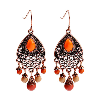 Ethnic Orange Beads Tassel Drop Earrings for Women Antique Gold Plated Geometric Pendientes Earring Boho Vintage Jewelry