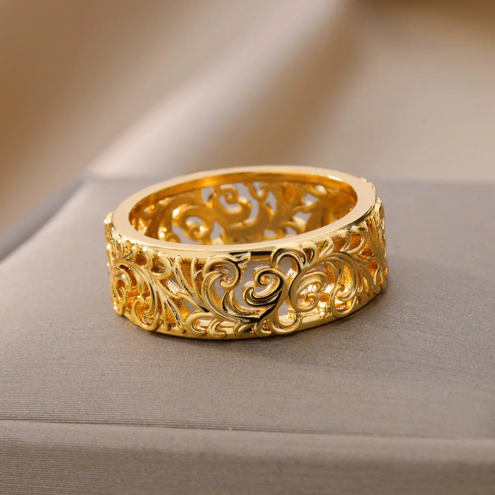 Hollow Flower Rings For Women Gold Color Stainless Steel Ring Female Engagement Wedding Party Finger Jewelry Trend