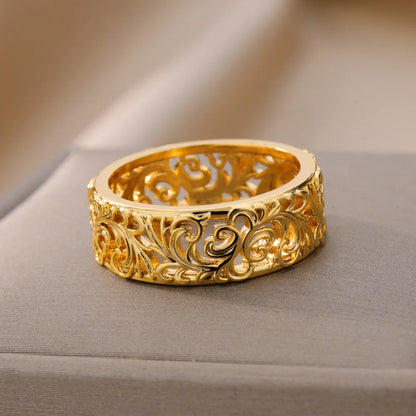 Hollow Flower Rings For Women Gold Color Stainless Steel Ring Female Engagement Wedding Party Finger Jewelry Trend