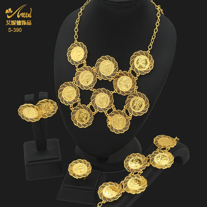ANIID Dubai Gold Color Coin Necklace Bracelet Jewelry Sets For Women African Ethiopian Bridal Wedding Luxury Jewellery Gifts