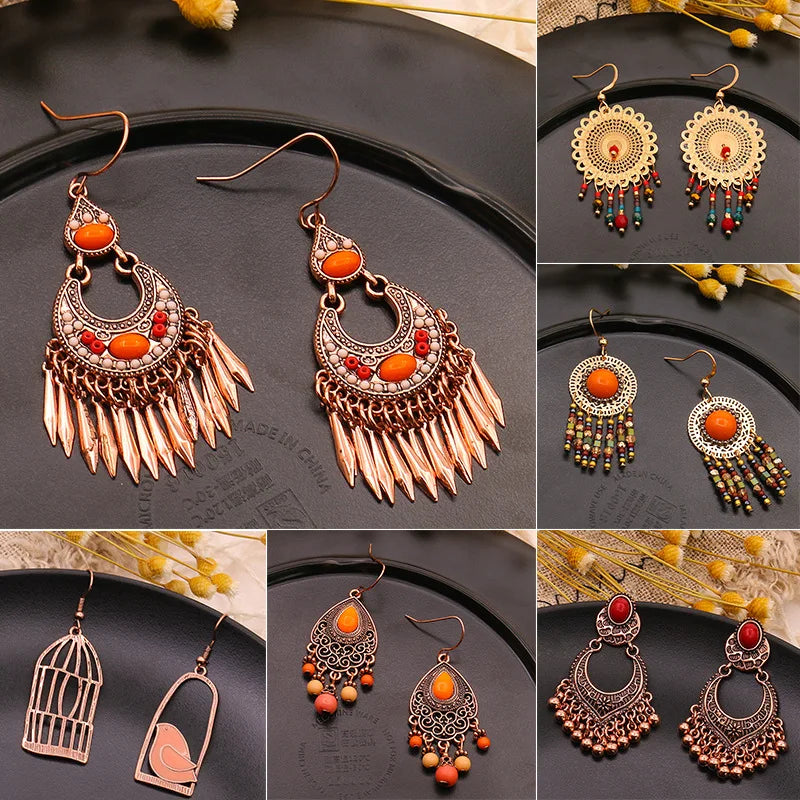 Ethnic Orange Beads Tassel Drop Earrings for Women Antique Gold Plated Geometric Pendientes Earring Boho Vintage Jewelry