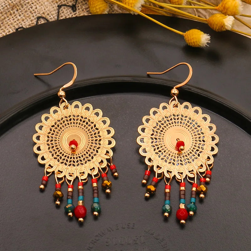 Ethnic Orange Beads Tassel Drop Earrings for Women Antique Gold Plated Geometric Pendientes Earring Boho Vintage Jewelry