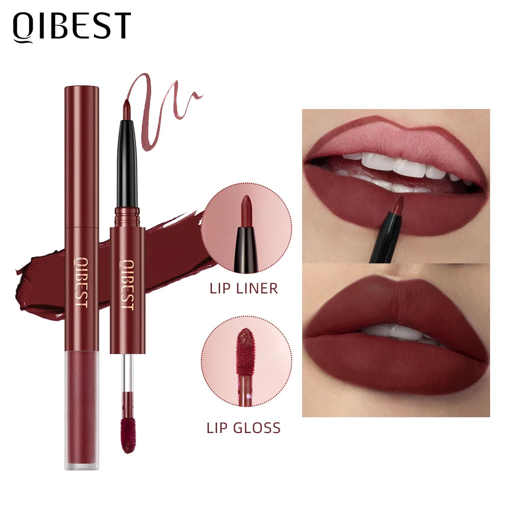 QIBEST 2 In 1 Matte Lip liner Lip gloss Waterproof Long Lasting Liquid Lipstick Non-stick Cup Lip Glaze Makeup Lip gloss Cosmetics