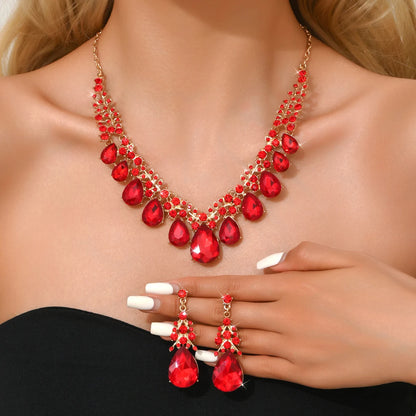 3PC Women's Fashion Trendy Charm Crystal Water Drop Necklace Earrings Jewelry Set for Wedding and Party