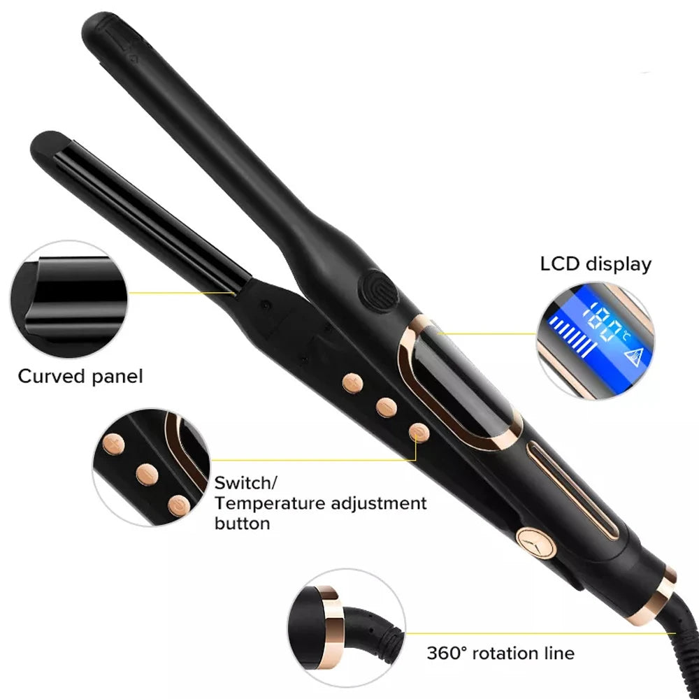 Hair Straightener Small Flat Iron for Short Hair and Pixie Cut Beard Thin Pencil Ceramics Flat Iron and U-shaped Splint Curler