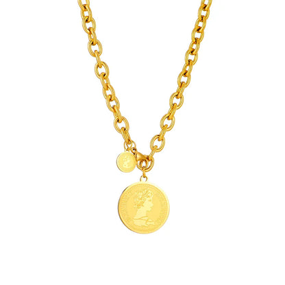 DIEYURO Stainless Steel Gold Color Hip Hop Round Portrait Coin Necklace For Women