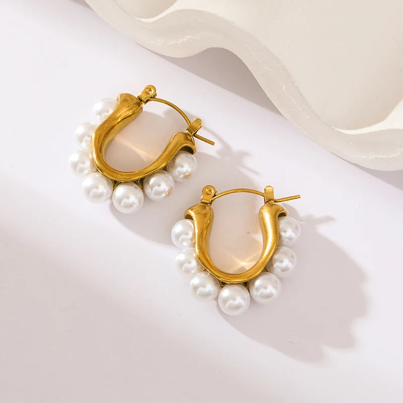 EILIECK 316L Stainless Steel Pearl Earrings For Women Fashion New Holiday Gold Color Waterproof Ear Jewelry