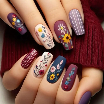 24Pcs Mid-length Ballet False Nails Red Love Pattern Design Press on Nails Simple Wearable Finished Coffin Fake Nail Tips