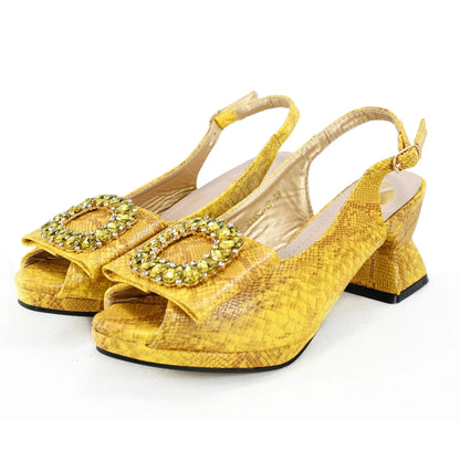 Autumn New Design Specials Italian Women Shoes and Bag Set Comfortable Mid Heels With Rhinestone in Yellow Color