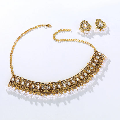 Luxury Vintage Indian Jewelry Set Antique Gold Plated Crystal Zircon Necklace Earrings Sets Ethnic Bridal Wedding Jewelry