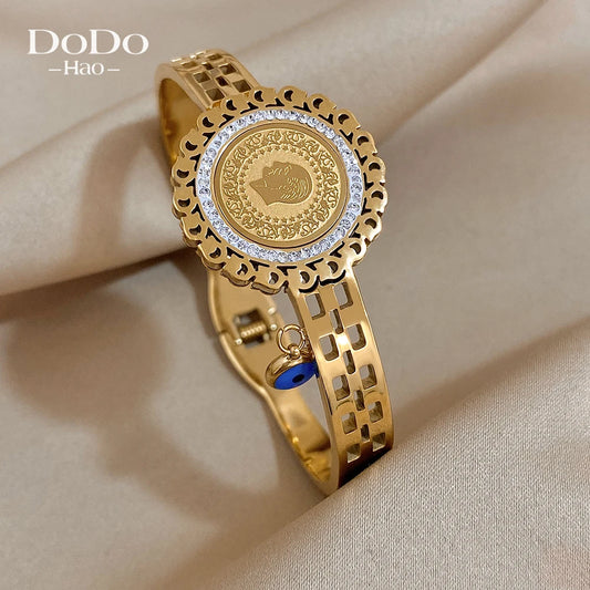 DODOHAO Vintage Delicate Stainless Steel Head Coin Hollow Open Bangles Bracelet for Women Gold Color Evil Eye Pendant Jewelry