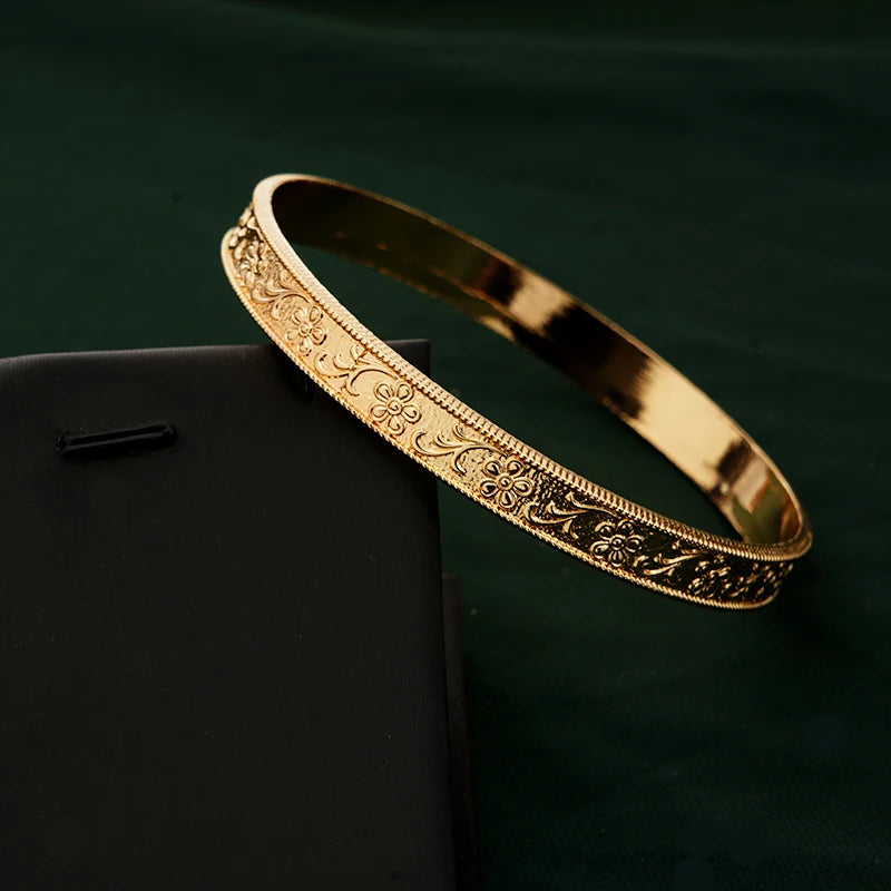Herseygold Middle East Flower Carved Hand Bangles Gold Color Arabic Dubai Bridal Charm Bracelet Bangle Metal Jewelry Accessories for Women