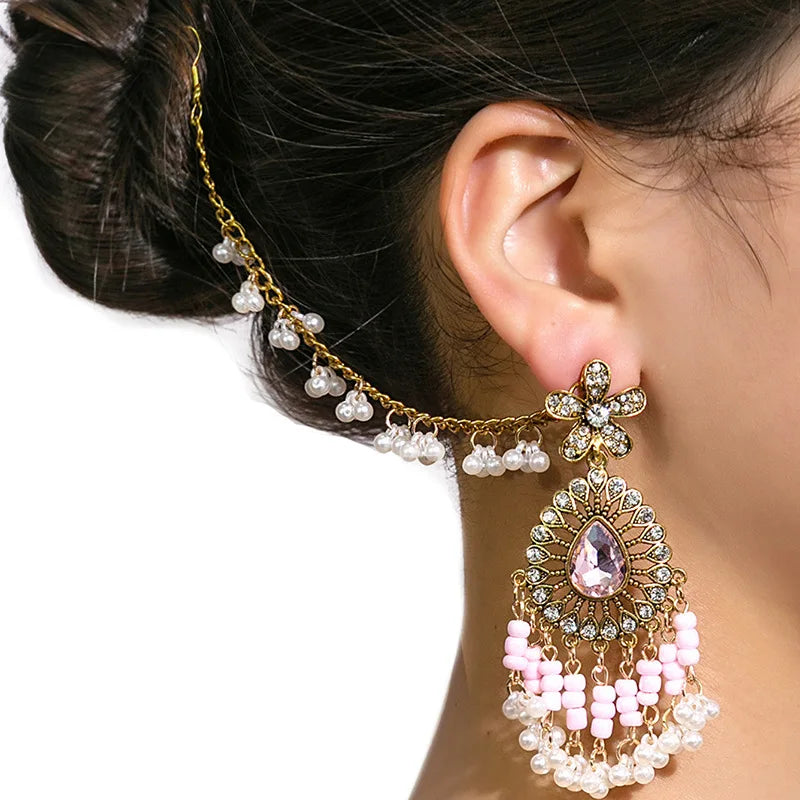 Retro Crystal Flower Indian Earring Link Headdress Jewelry One Piece Pearl Bead Tassel Dangle Earrings Gold Color Bohemia Bijoux