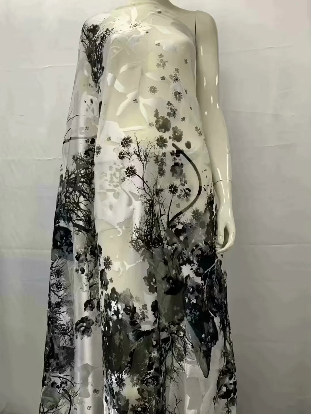 Fashion Soft  Print Satin Silk Fabric With Swiss Voile Lace For Party Lady Dress Sewing Material 5+2 Yards/Set
