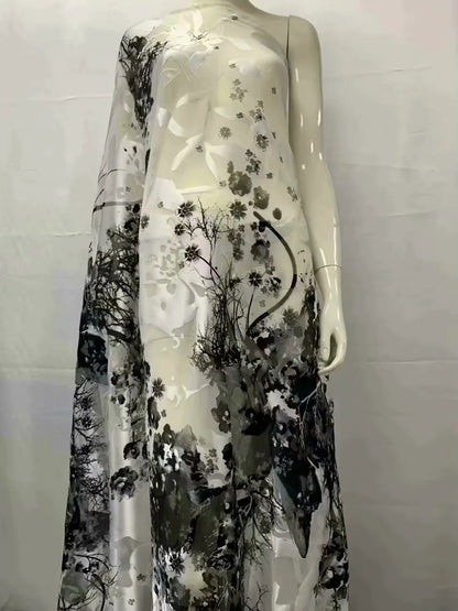Fashion Soft  Print Satin Silk Fabric With Swiss Voile Lace For Party Lady Dress Sewing Material 5+2 Yards/Set