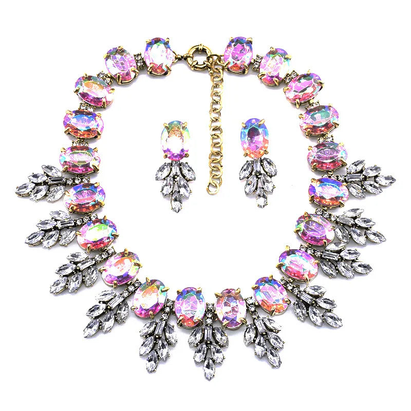 Luxury Jewelry Set Elegant Wedding Prom Crystal Earring and Chunky Bib Choker Royal Blue Rhinestone Statement Necklace for Women
