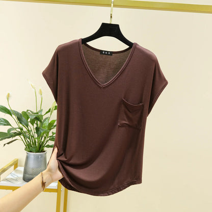 Summer Thin Tshirts V-Neck short sleeves Women Modal Loose T-Shirt with pocket Solid color Plus size Basic Tee Tops