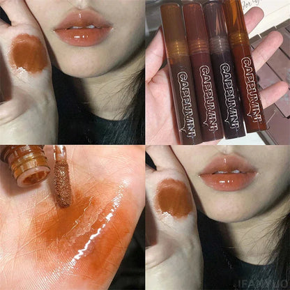 Chocolate Lip Gloss Long Lasting Moisturizes Dark Brown Lip Glaze Transparent Glass Mirror Water Liquid Lipstick Clear Makeup