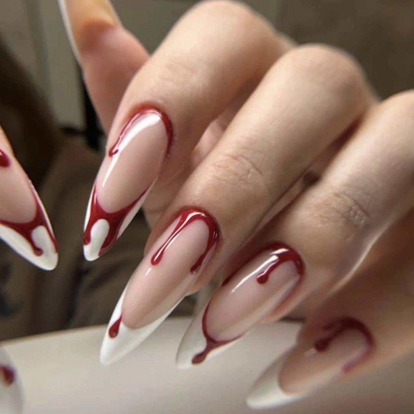 Wine Red Fake Nail Tips Long Pointed Head Glossy Press on Nails Wearable Full Cover INS Gradient Color False Nail Tips 24pcs
