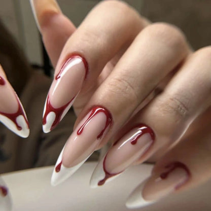 Wine Red Fake Nail Tips Long Pointed Head Glossy Press on Nails Wearable Full Cover INS Gradient Color False Nail Tips 24pcs