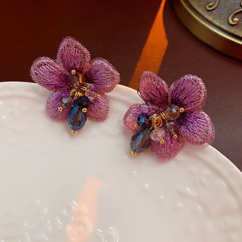 Light Luxury Elegant Crystal Gauze Purple Flower Dangle Earrings For Women Fashion Sweet Girl Accessories