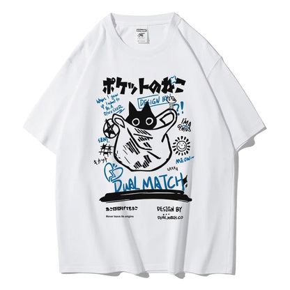 Men Women Cartoon T-Shirts Harajuku Kawaii Cat Printed Short Sleeve Tees Couple Streetwear Clothes Y2K Tops Graphic T Shirts