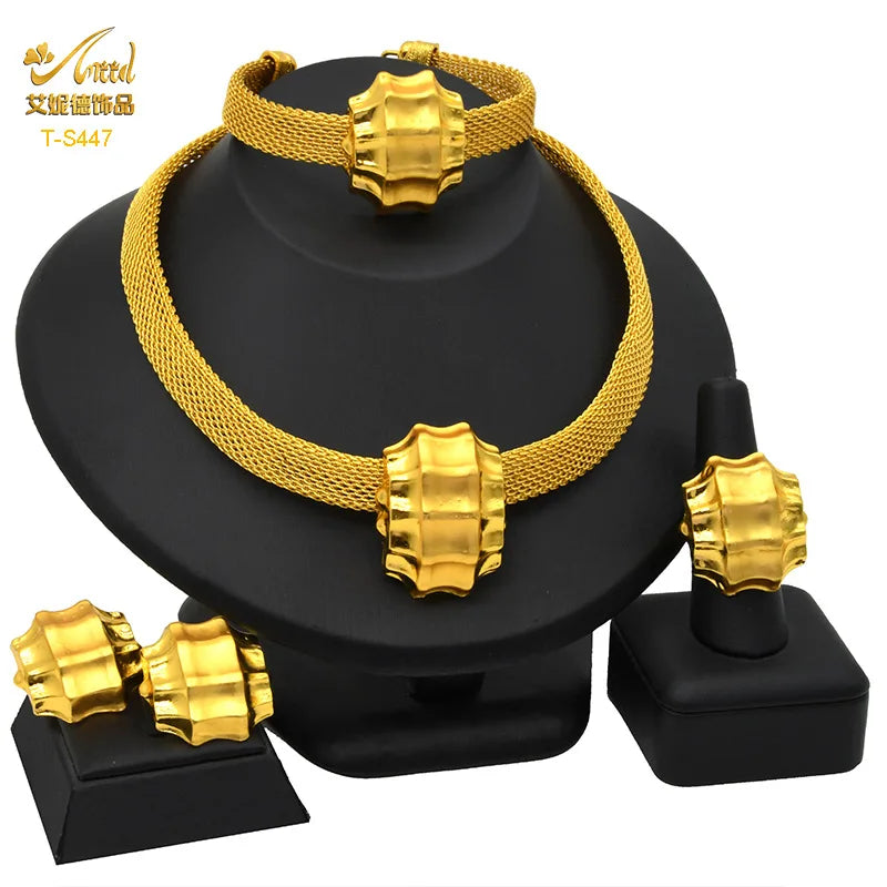 Dubai Women Gold Color Jewelry Sets African Wedding Bridal Ornament Gifts For Saudi Arab Necklace Bracelet Earrings Ring Set
