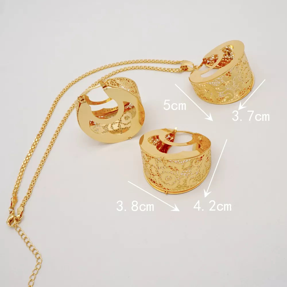 Fashion Dubai Jewelry Sets Gold Color Pendant Copper Classic Earrings Necklace For Women Daily Wear Party Anniversary Gifts