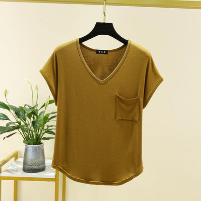 Summer Thin Tshirts V-Neck short sleeves Women Modal Loose T-Shirt with pocket Solid color Plus size Basic Tee Tops