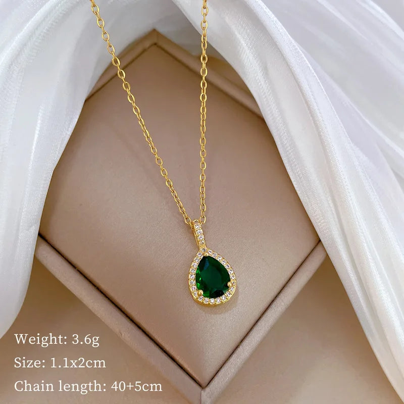 Jewelry Sets Women Elegant Waterdrop Green Rhinestone Pendant Necklace stud Earrings Wedding Dress Bridal Jewelry Set 2pcs/set