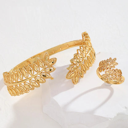 Copper Plating Gold Bracelet Ring Trendy  Bangle Bracelet for Bridal Leaves Design Cuff Bracelet  Luxury Jewelry