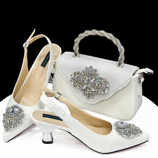 Venus Chan Wedding & Party Pointed Toe Women's Shoes High Heel White Color Rhinestones Party Ladies Shoes And Bag Set