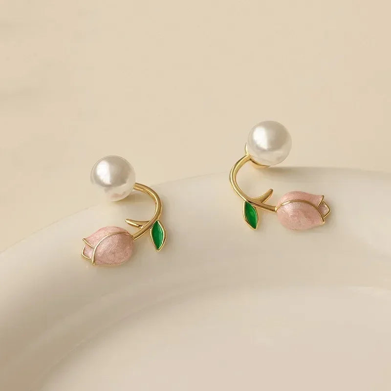 Sweet Fashion Enamel Pearl Tulip Flower Stud Earrings for Women  Zircon Back Hanging Earring Wedding Jewelry