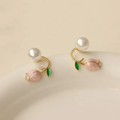 Sweet Fashion Enamel Pearl Tulip Flower Stud Earrings for Women  Zircon Back Hanging Earring Wedding Jewelry